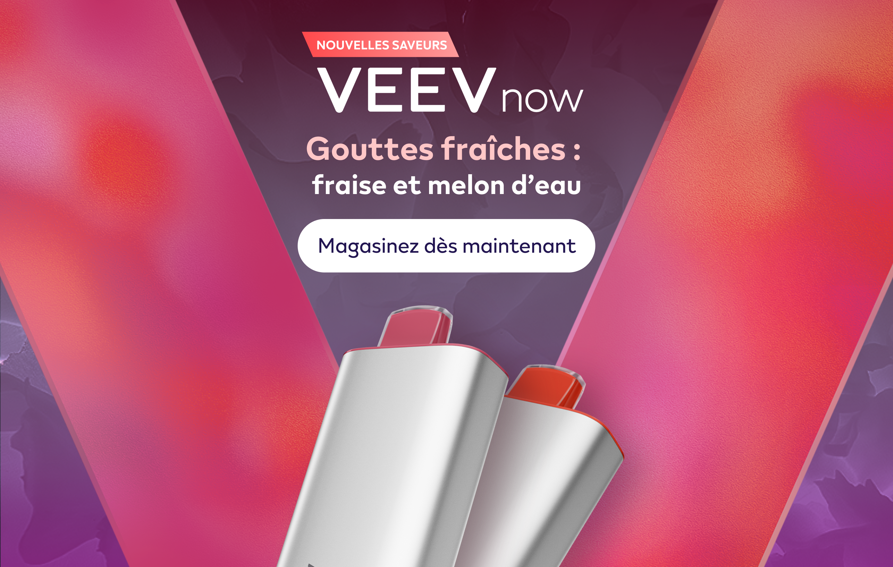 Deux dispositifs VEEV NOW de 18 ml sur fond rose en forme de V et violet.